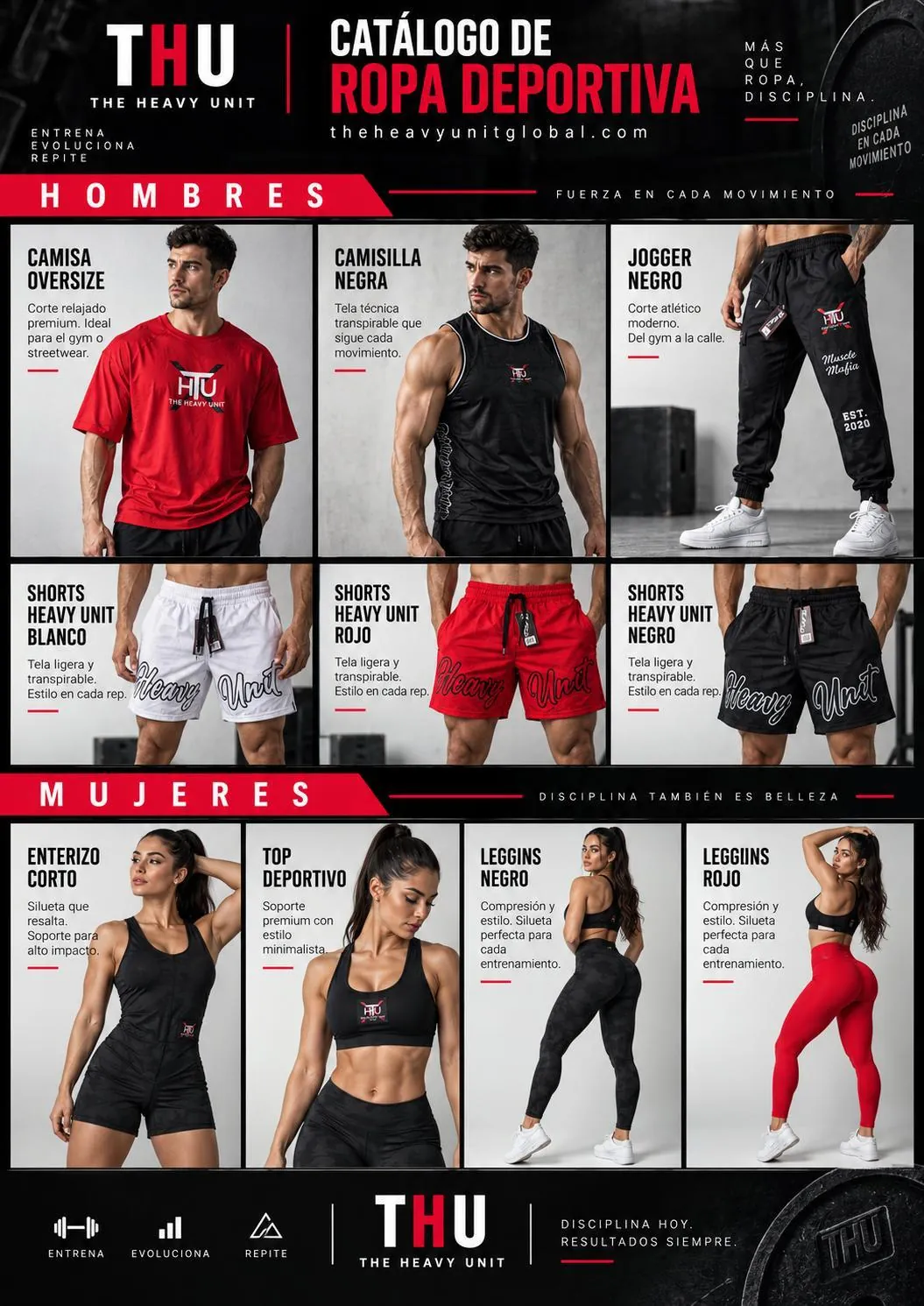 Catálogo de ropa deportiva The Heavy Unit para hombres y mujeres